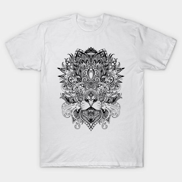 Black and white lion mandala pattern line art drawing T-Shirt by Saraknid